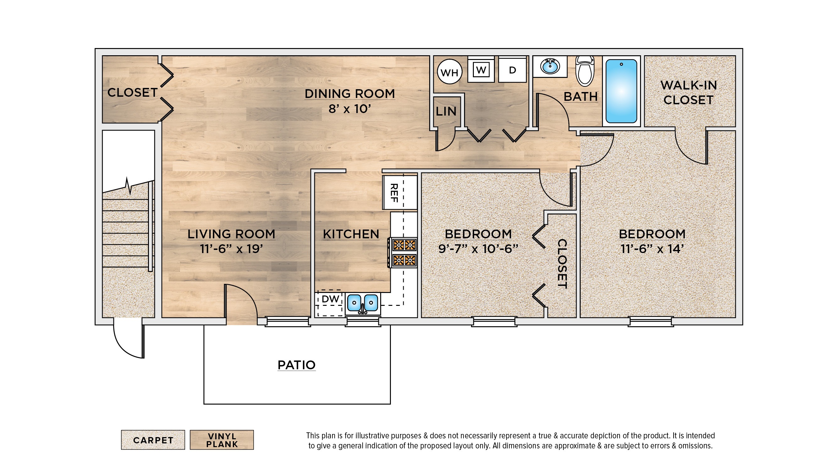 2-Bedroom apartment floor plan with 2 bedrooms, 1 bath, and a patio/balcony